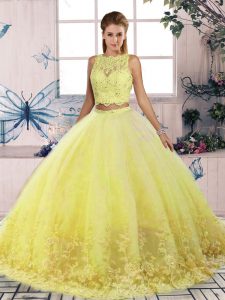 Sleeveless Sweep Train Lace Backless Quince Ball Gowns