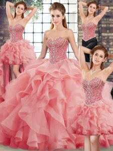 Edgy Watermelon Red Quinceanera Dresses Tulle Brush Train Sleeveless Beading and Ruffles