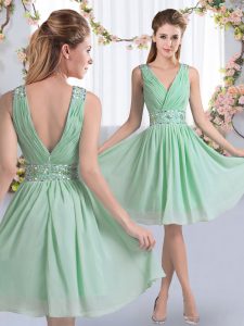 Knee Length Apple Green Quinceanera Court of Honor Dress Chiffon Sleeveless Beading