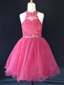 Hot Pink Organza Lace Up Halter Top Sleeveless Mini Length Little Girl Pageant Dress Beading and Lace