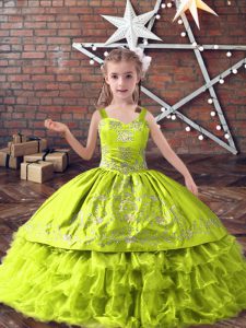 Amazing Yellow Green Ball Gowns Straps Sleeveless Satin and Organza Floor Length Lace Up Embroidery and Ruffled Layers Little Girls Pageant Dress