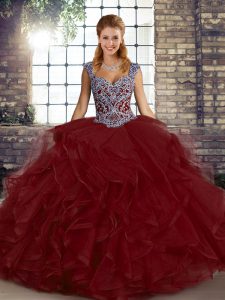 Wine Red Ball Gowns Straps Sleeveless Tulle Floor Length Lace Up Beading and Ruffles Sweet 16 Quinceanera Dress