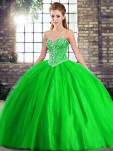 Custom Made Green Ball Gowns Tulle Sweetheart Sleeveless Beading Lace Up Sweet 16 Dress Brush Train
