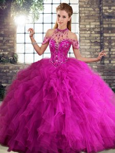 Best Selling Halter Top Sleeveless Lace Up Sweet 16 Dresses Fuchsia Tulle