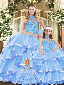 Fancy Organza Sleeveless Quince Ball Gowns and Embroidery and Ruffled Layers