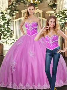 Lilac Ball Gowns Beading and Appliques Sweet 16 Dresses Lace Up Tulle Sleeveless Floor Length