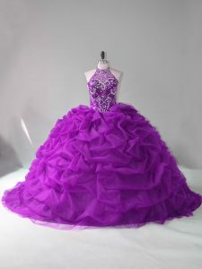 Modern Purple Lace Up Halter Top Beading and Pick Ups Ball Gown Prom Dress Organza Sleeveless Court Train