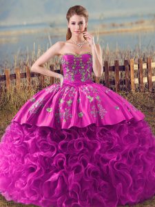 Fuchsia Ball Gowns Sweetheart Sleeveless Fabric With Rolling Flowers Brush Train Lace Up Embroidery and Ruffles Ball Gown Prom Dress