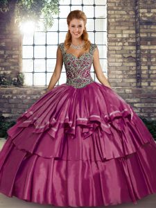 Stunning Floor Length Fuchsia 15 Quinceanera Dress Taffeta Sleeveless Beading and Ruffled Layers