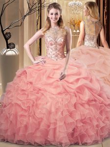 Low Price Peach Zipper Sweet 16 Quinceanera Dress Beading and Ruffles Sleeveless Floor Length