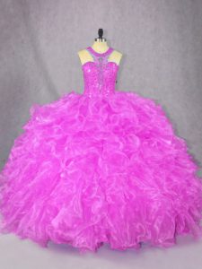 Fuchsia Organza Zipper Quinceanera Dress Sleeveless Floor Length Beading and Ruffles