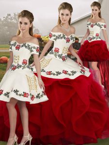 Extravagant White And Red Tulle Lace Up Off The Shoulder Sleeveless Floor Length Quinceanera Gown Embroidery and Ruffles