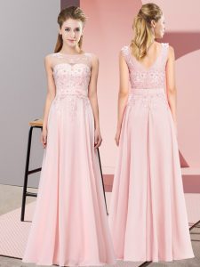 Spectacular Baby Pink Chiffon Zipper Quinceanera Dama Dress Sleeveless Floor Length Beading and Appliques