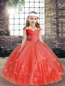 Coral Red Ball Gowns Beading and Hand Made Flower Kids Pageant Dress Lace Up Tulle Sleeveless