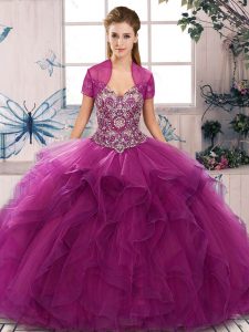 High Quality Fuchsia Tulle Lace Up Off The Shoulder Sleeveless Floor Length Quince Ball Gowns Beading and Ruffles