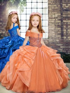 Orange Ball Gowns Organza Straps Sleeveless Beading and Ruffles Floor Length Lace Up Kids Pageant Dress