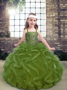Latest Olive Green Kids Formal Wear Party and Military Ball and Wedding Party with Beading and Ruffles Straps Sleeveless Lace Up