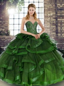 Sweetheart Sleeveless Tulle Quince Ball Gowns Beading and Ruffles Lace Up
