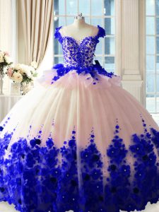 Zipper 15 Quinceanera Dress Blue And White for Sweet 16 and Quinceanera with Hand Made Flower Brush Train