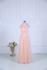 Traditional Peach Zipper Halter Top Ruching Quinceanera Dama Dress Tulle Sleeveless