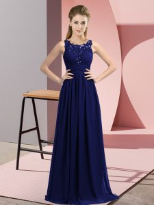 Chic Navy Blue Empire Scoop Sleeveless Chiffon Floor Length Zipper Beading and Appliques Dama Dress