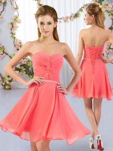 Sleeveless Mini Length Ruching Lace Up Quinceanera Court Dresses with Watermelon Red