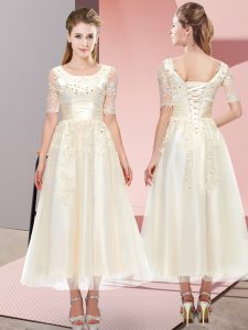 Champagne Tulle Lace Up Scoop Short Sleeves Tea Length Dama Dress Beading and Lace
