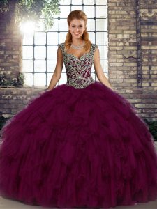 New Style Straps Sleeveless Lace Up Quinceanera Gowns Dark Purple Organza