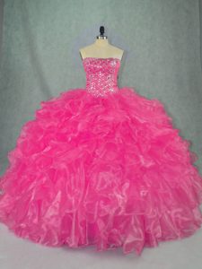 Hot Pink Sleeveless Beading and Ruffles Floor Length Quinceanera Dresses