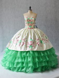 Lovely Sleeveless Organza Floor Length Lace Up Quinceanera Gown in Apple Green with Embroidery and Ruffled Layers