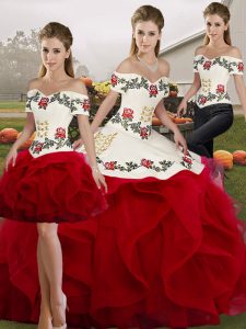 Gorgeous White And Red Lace Up Off The Shoulder Embroidery and Ruffles Quinceanera Dress Tulle Sleeveless