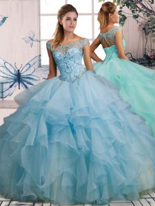 Perfect Sleeveless Organza Floor Length Lace Up Quinceanera Gowns in Light Blue with Beading and Ruffles