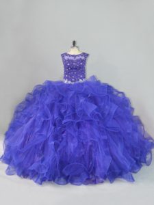 Gorgeous Blue Ball Gowns Scoop Sleeveless Organza Floor Length Lace Up Beading and Ruffles Quinceanera Dress