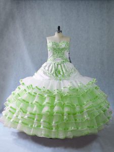 Excellent Ball Gowns Sweetheart Sleeveless Organza Floor Length Lace Up Embroidery and Ruffled Layers and Bowknot Ball Gown Prom Dress