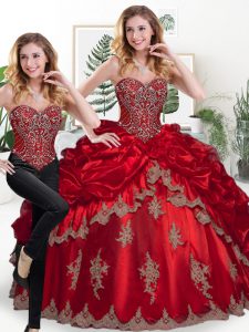 Eye-catching Wine Red Lace Up Sweetheart Beading and Appliques and Pick Ups 15 Quinceanera Dress Organza Sleeveless