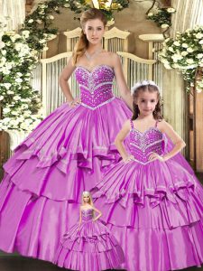 Super Sleeveless Floor Length Beading and Ruffled Layers Lace Up Sweet 16 Quinceanera Dress with Lilac