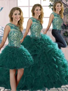 Peacock Green Sleeveless Floor Length Beading and Ruffles Lace Up Ball Gown Prom Dress