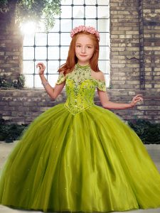 Floor Length Ball Gowns Sleeveless Olive Green Little Girls Pageant Dress Lace Up