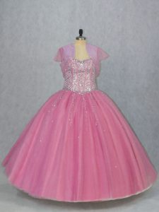 Exceptional Tulle Sweetheart Sleeveless Lace Up Beading Vestidos de Quinceanera in Pink