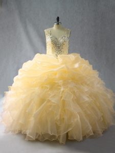 Beading and Ruffles Quinceanera Gown Gold Zipper Sleeveless Floor Length