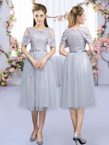 Smart Grey Zipper Scoop Lace and Belt Quinceanera Court of Honor Dress Tulle Sleeveless