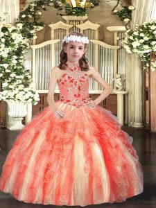 Halter Top Sleeveless Tulle Little Girl Pageant Gowns Appliques and Ruffles Lace Up