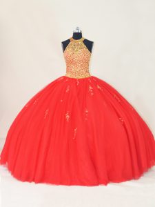 Flirting Red Lace Up 15 Quinceanera Dress Beading and Appliques Sleeveless Floor Length
