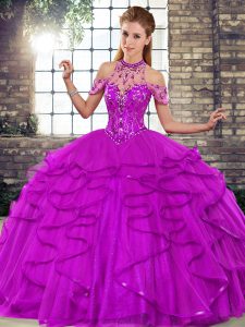 Fantastic Purple Quinceanera Dresses Military Ball and Sweet 16 and Quinceanera with Beading and Ruffles Halter Top Sleeveless Lace Up