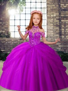 Sleeveless Tulle Floor Length Lace Up Little Girls Pageant Dress Wholesale in Purple with Beading