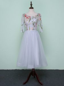 Empire Quinceanera Court of Honor Dress Grey Scoop Tulle Half Sleeves Knee Length Lace Up