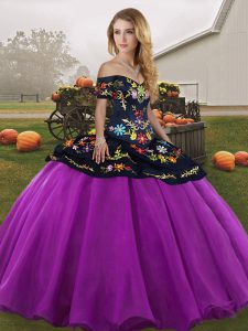 Custom Fit Black And Purple Ball Gowns Tulle Off The Shoulder Sleeveless Embroidery Floor Length Lace Up 15 Quinceanera Dress