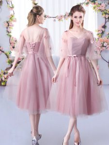 Extravagant Pink Empire Lace and Belt Dama Dress Lace Up Tulle Sleeveless Tea Length