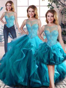 Floor Length Aqua Blue 15 Quinceanera Dress Tulle Sleeveless Beading and Ruffles