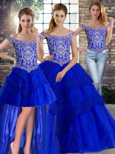 Royal Blue Three Pieces Beading and Lace 15th Birthday Dress Lace Up Tulle Sleeveless